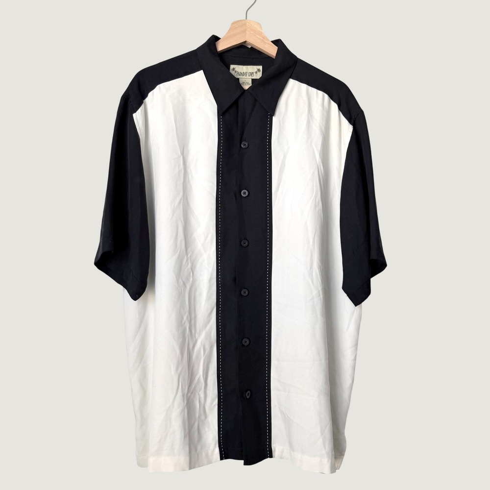 Paradise Coves Mens Silk Shirt Black White Colorblock Herringbone Alpha Party L